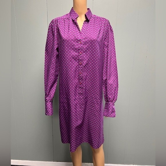 Vintage 70's purple and teal geometric shirt dress. Button Down Collared. Size L - Picture 3 of 14